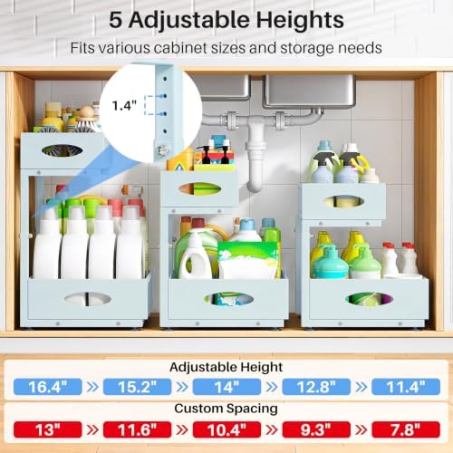 Under Sink Organizer, 2 Pack 2 Tier Pull Out Under Cabinet Organizer Shelf with Pad for Framed Cabinets, Metal Slide Out Under Sink Storage, Mesh Sliding Drawers for Kitchen Bathroom Laundry, Blue - Image 5