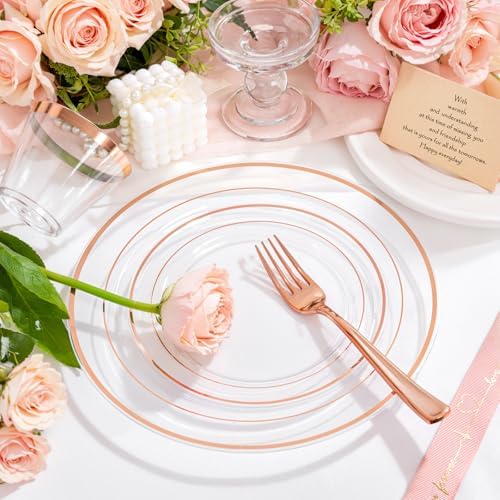 bUCLA 150PCS Clear Rose Gold Disposable Dinnerware set - Rose Gold Plastic Plates Include 25 Dinner / 25 Dessert Plates, 25 Knives, 25 Forks, 25 Spoons, 25 Cups for Party & Wedding - Image 4