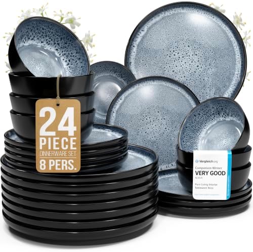 24 Piece Stoneware Dinnerware Set for 8, Handcrafted Plates and Bowls Set by PURELIVING