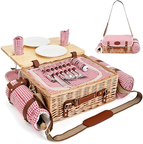 Multifunctional Wicker Picnic Basket Set for 2 with Blanket and Picnic Table, Insulated Picnic Set with Full Tablewares for Camping Outdoor Couples, Gingham by SatisInside