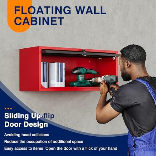 Yizosh Metal Wall Cabinet with Doors, Wall Mounted Storage Cabinet, Floating Tool Cabinet for Kitchen, Basement, Warehouse (Red Black, 13.7" H) - Image 4