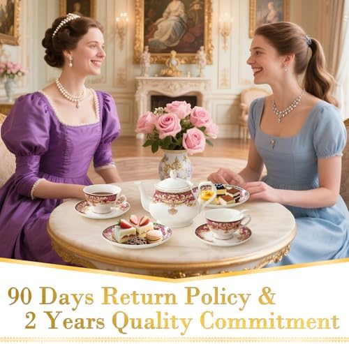 DUJUST 22 pcs Royal Vintage Porcelain Tea Set for 6, Luxury British Tea Sets for Adults with Red Patterns & Golden Trim, Beautiful Floral Tea/Coffee Cup Set, Gift Package - Royal Treat for You - Image 6