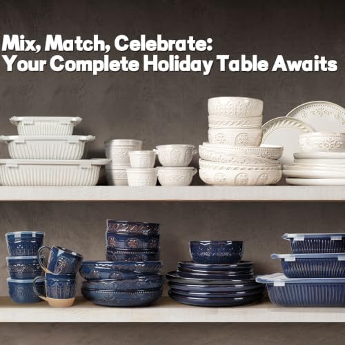 Artena 4-Piece Handcrafted Ceramic Dinnerware Set, Service for 1 – Reactive Glaze Embossed Plates, Bowls & Soup Spoons Included, Dishwasher & Microwave Safe, White, Damask Floral - Image 5