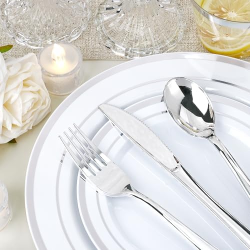 realluck 350 PCS White and Silver Plastic Dinnerware Set for 50 Guests, 100 Disposable Plates for Party, 50 Pre Rolled Napkins with Silver Silverware, 50 Cups - Image 4