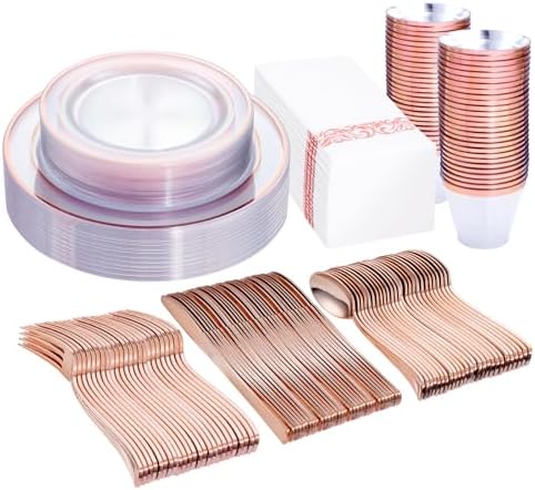 DaYammi 350PCS Clear Rose Gold Plastic Dinnerware Set for 50 Guests by DaYammiwillaccompanyyou