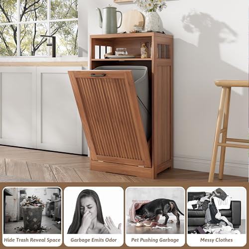 Pet-Proof Single 13 Gallon Tilt Out Trash Can Cabinet with Open Storage – Hide Garbage & Recycling Bins to Keep Your Kitchen Clean and Organized,Walnut - Image 6