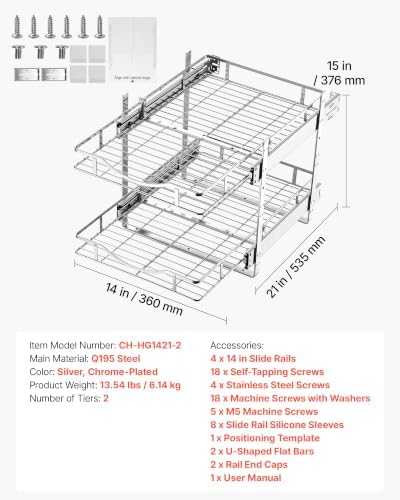 VEVOR 2 Tier Pull Out Cabinet Organizer 14.17"W x 21.06"D Slide Out Drawers - Image 7