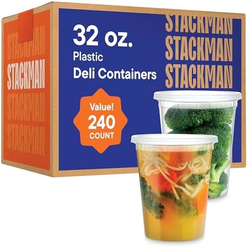 [240 Sets - 32 oz.] Clear Plastic Deli Food Storage Containers with Airtight Lids - Soup Containers - Bulk Pack - 240/Case - Stack Man Brand by StackMan