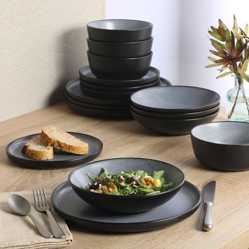 Gibson Elite Tribeca Loft 16-Piece Dinnerware Set – Matte Black and Blue Reactive Glaze Stoneware, Double Bowl Round Plates and Bowls – Modern Rustic Dinnerware for 4, Dishwasher & Microwave Safe - Image 5