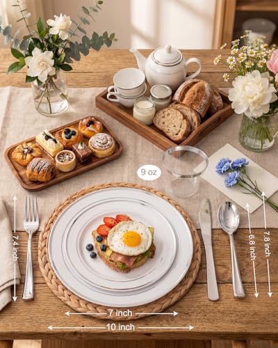 bUCLA 300PCS Silver Disposable Plastic Dinnerware Set - 50 Guests White Silver Disposable Plates Include 50 Dinner Plates,50 Dessert Plates,50 Knives,50 Forks,50 Spoons,50 Cups for Party & Christmas - Image 2