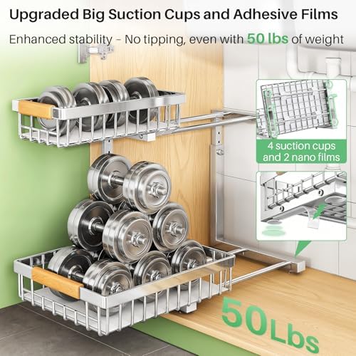 Kitstorack Under Sink Organizer, 2 Tier Under the Sink Storage, Slide out Pull out Cabinet Organizer Shelf, Metal Sliding Drawer for Kitchen Bathroom Pantry Closet Organization Rack, Silver, 2 Pack - Image 5