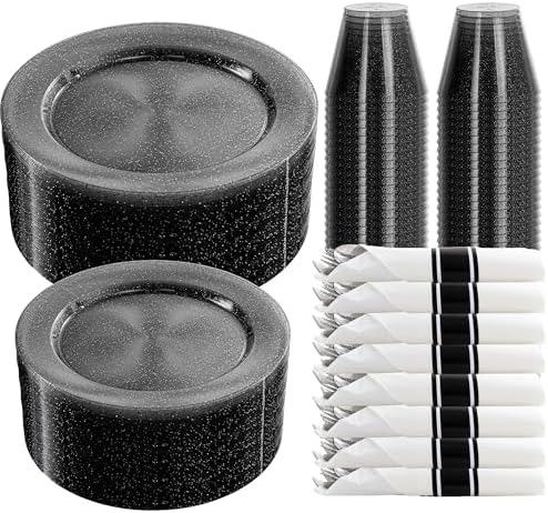 DaYammi 350PCS Black Glitter Plastic Dinnerware Set for 50 Guests by DaYammiwillaccompanyyou