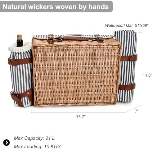 Multifunctional Wicker Picnic Basket Set for 2 with Blanket and Picnic Table, Insulated Picnic Set with Full Tablewares for Camping Outdoor Couples, Stripes - Image 4