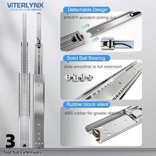 Thickened 200Lbs Heavy Duty Drawer Slides 1 Pair 28 Full Extension Ball Bearing Sliding Rails Kitchen Cabinet RV Runners Shelf Tool Box Tracks Glides (1/2" Thick, 28" L) - Image 3
