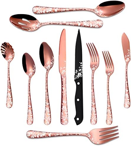 Stapava 53-Piece Copper Silverware Set with Serving Utensils for 8, Stainless Steel Rose Gold Flatware Cutlery Set, Mirror Eating Utensils Tableware with Butterfly Flower Laser, Dishwasher Safe by StapavaSilverwareSet