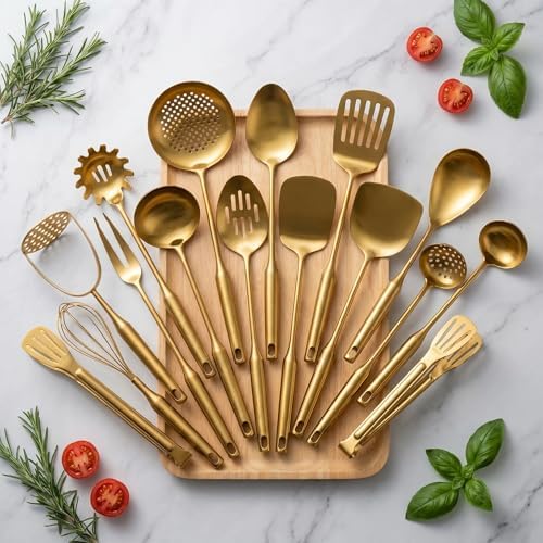 304 Stainless Steel Small and Large Spoons Set, Gold Cooking Utensils Set 16 PCS All Metal Kitchen Tools, Serving Utensils - Masher，Whisk, Fork, Tongs, Turner, Ladle, Spatula，Skimmer, Pasta - Image 5