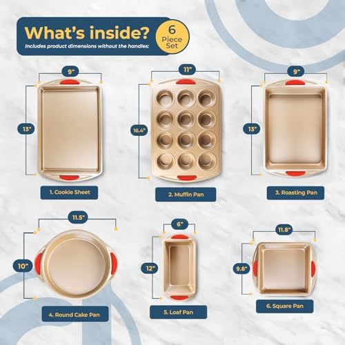 Perlli Baking Kit: Nonstick Gold Steel Oven Set - 6 Pieces, Round Cake Pan, Loaf Pan, Square Pan, Muffin Pan, Cookie Sheet, Roaster - Silicone Handles - Image 2