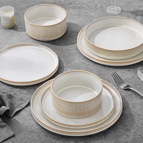 LIANYU 8 Piece Stoneware Plates and Bowls Dishes Set for 2, Dinnerware Sets with Pasta Bowls, Ribbed Dining Ware Dishware for Home Wedding, Microwave and Dishwasher Safe, Dawn Beige - Image 5