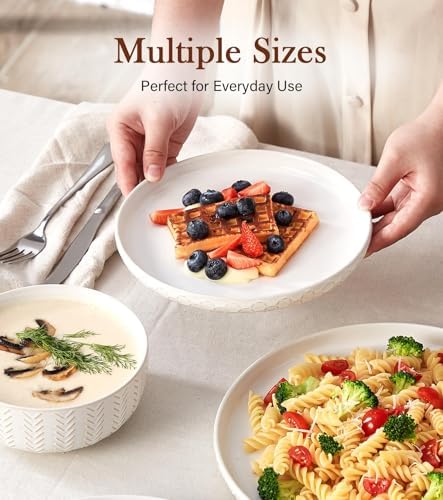 24 Piece Dinnerware Sets for 8 - Farmhouse Style Stoneware Plates and Bowls Sets - Scratch Resistant & Dishwasher Safe, Embossed Boho Ceramic Dish Set, Stack Compactly Dishware - Ivory White - Image 4