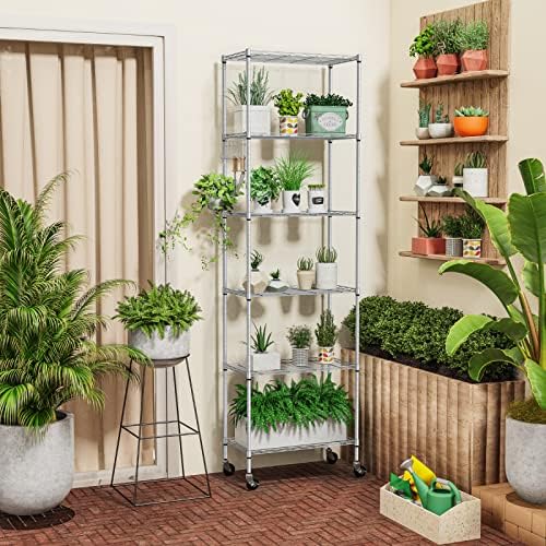 Homdox 6-Tier Storage Shelf Wire Shelving Unit Free Standing Rack Organization with Caster Wheels, Stainless Side Hooks, Silver Gray - Image 4