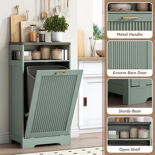 Pet-Proof Single 13 Gallon Tilt Out Trash Can Cabinet with Open Storage – Hide Garbage & Recycling Bins to Keep Your Kitchen Clean and Organized,Green - Image 4