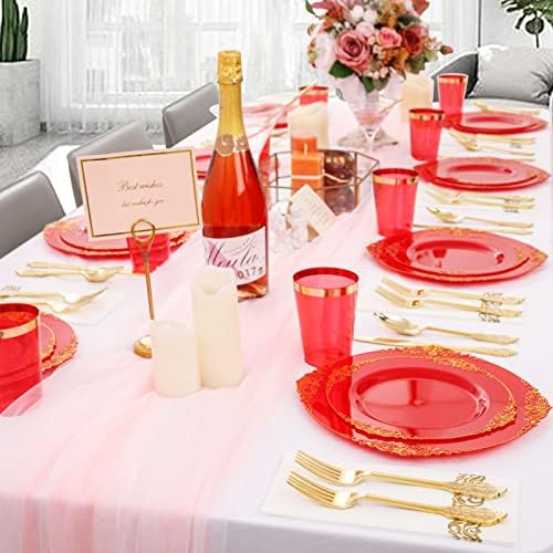 Morejoy 175PCS Red Plastic Plates,Red Disposable Plates With Gold Rim - Image 4