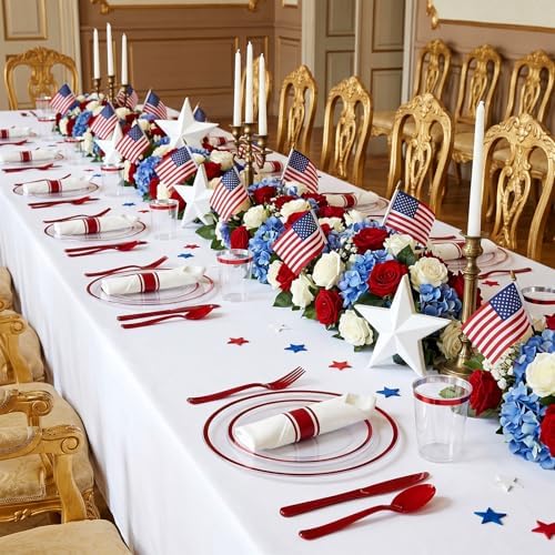 350PCS Clear Red Plastic Plates Dinnerware Sets for 50 Guests - Image 4
