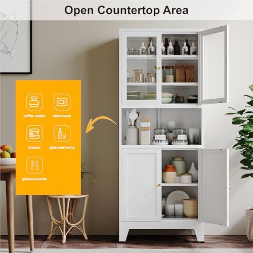 YAUWOH 69" Tall Metal Pantry Cabinet with Microwave Shelf, 2 Glass Doors & 3 Adjustable Shelves, 120LBS Per Shelf Heavy Duty Storage Cabinet with Anti-Tip Design for Kitchen,Dining Room (1PC,White) - Image 4