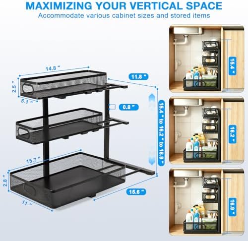 Under Sink Organizer,2Pack 3-Tier Height Adjustable Cabinet Organizer Shelf - Image 2