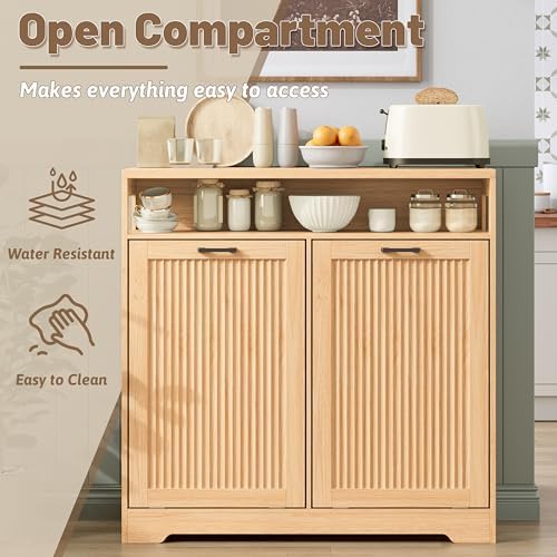 13 Gallon Double Tilt Out Trash Can Cabinet with Open Shelf & Storage - Pet Proof Hidden Recycling Cabinet & Wooden Laundry Hamper for Kitchen, Bathroom, Living Room, Natural Wood - Image 5