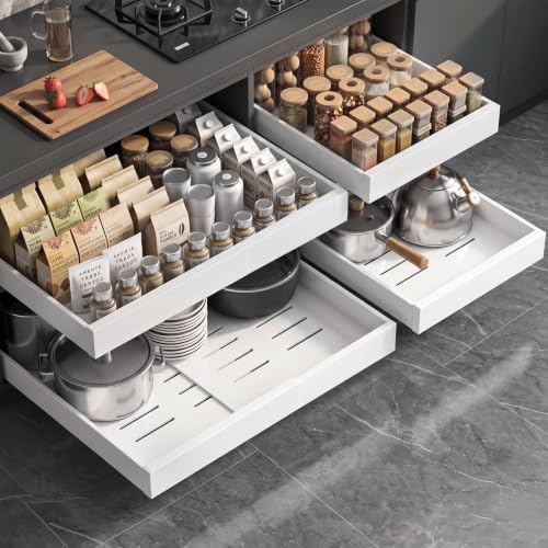 Seinloes 4 Pack Expandable Pull Out Cabinet Organizer 21"Deep With Raising Pad for Framed Cabinets,Upgrade 3 Slide Rails Slide Out Drawers,No Drill Roll Out Shelves,Adjustable Width 12.1"-20.4" White by Seinloes