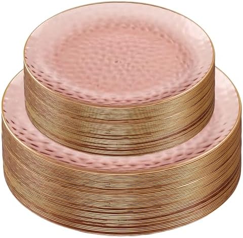 PLASTICPRO 128 Piece Combo Plates Set includes 64-7'' inch Plates & 64-10'' inch Dishes Rose Hammered Plastic PartyPlates Premium heavyweight Elegant, Disposable, Tableware, Dishes, by PLASTICPRO
