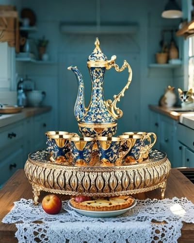 Turkish Tea Set Vintage Coffee Pot with Shiny Crystal Tray and 6 Cups for Home Party Table Decor Blue - Image 6