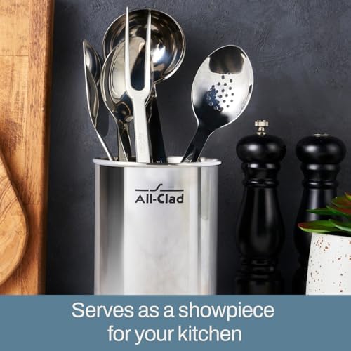 All-Clad 5-Piece Stainless Steel Kitchen Utensil Set – Includes Ladle, Solid Spoon, Slotted Spoon, Turner & Storage Caddy – Heavy-Gauge, Ergonomic, Dishwasher Safe, Silver (Pack of 2) - Image 4
