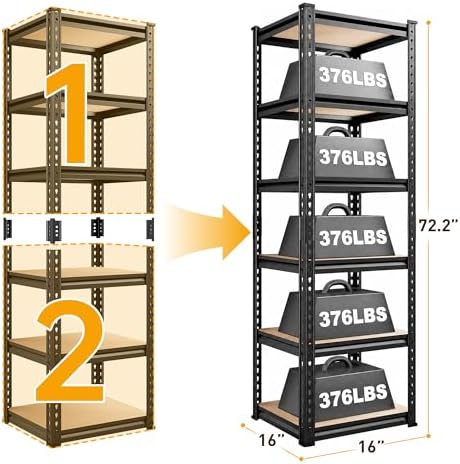 REIBII Storage Shelves for Pantry, Kitchen, 6 Tier Garage Shelving (Pack of 2) - Image 3