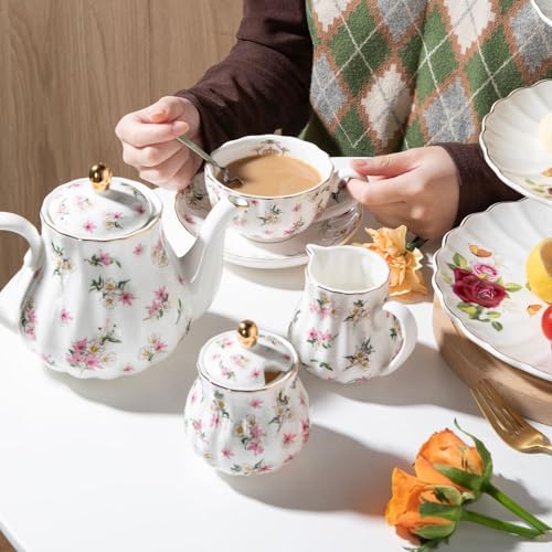 Porcelain Tea Sets British Royal Series, 8 OZ Cups & Saucer Service for 6, with Teapot Sugar Bowl Cream Pitcher Teaspoons and Tea Strainer, Suitable for High Tea, Wedding, Party（Spring Flowers） - Image 5