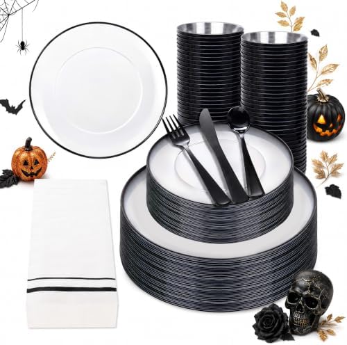 NOCCUR 350PCS Clear and Black Plastic Plates - Disposable Dinnerware Set for 50 Guests Include 100 Dinner/Dessert Plates,150 Black Cutlery,50 Cups&50 Napkins Ideal for Party/Birthday/New Year by NOCCUR