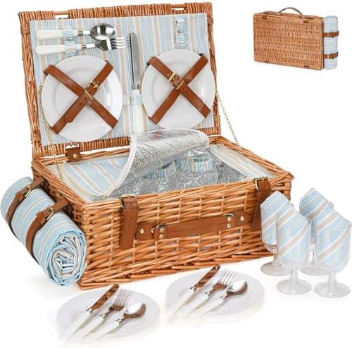 HappyPicnic Wicker Picnic Basket Set for 4 Persons with Cooler & Blanket by OutdoorLivingPicnicItems