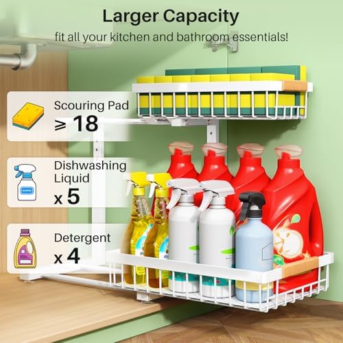 Kitstorack Under Sink Organizer, 2 Tier Under the Sink Storage, Slide out Pull out Cabinet Organizer Shelf, Metal Sliding Drawer for Kitchen Bathroom Pantry Closet Organization Rack, White, 1 Pack - Image 3