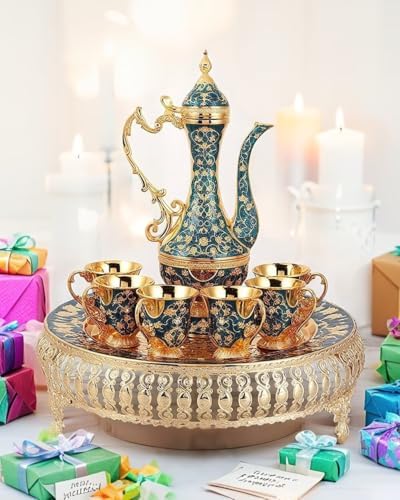 Turkish Tea Set Vintage Coffee Pot with Shiny Crystal Tray and 6 Cups for Home Party Table Decor Blue - Image 3