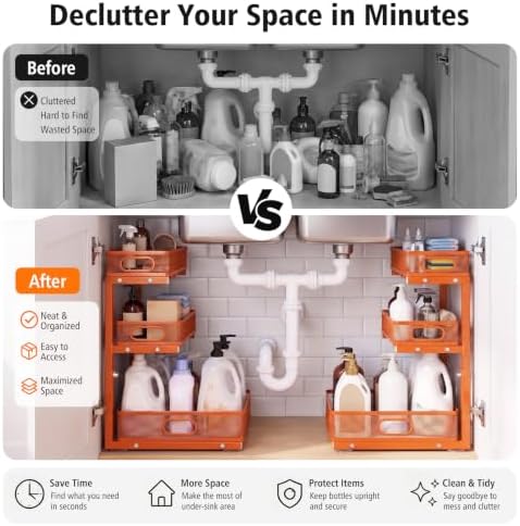 Under Sink Organizer, 3-Tier Metal Sliding Drawers, 2-Pack Orange - Image 2