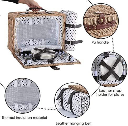 Picnic Basket for 4 with Waterproof Blanket,Black & White Spots - Image 4