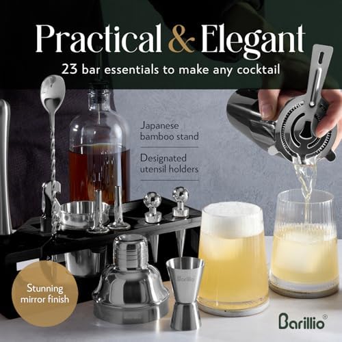 Barillio Silver Bartender Kit - Stainless-Steel Cocktail Shaker Set w/Black Bamboo Stand - Mixology Bar Tools w/Drink Shaker, Mixer & Muddler for Cocktails - Home Bar Accessories - 23-Pc Bar Set - Image 4