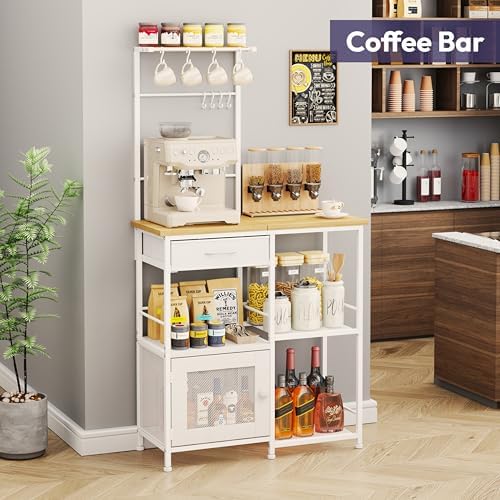 SWTYMIKI Coffee Bar with Hanging Rack - Farmhouse Coffee Stand Station Multi-Purpose Buffet Sideboard Cabinet with Drawers - Kitchen Bar Table for Living Room, Corner, Small Space, Natural - Image 4