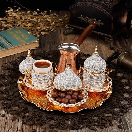 DEMMEX Turkish Greek Arabic Coffee Making and Serving Full Set with Cups Saucers Lids Sugar Bowl Tray and Copper Coffee Pot, Hand Decorated with Gold Crystals, 12 Pcs (Crystals) - Image 5