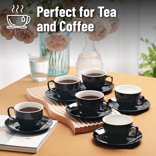 BTaT- Cappuccino Cups with Saucers 6 oz, Set of 6, Black Porcelain Coffee Cup and Saucer Set for Latte, Mocha, Tea, Au Lait, Flat White, Dishwasher, Microwave, Freezer and Oven Safe - Image 4