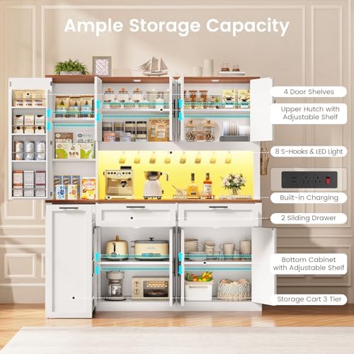 Itaar 71" Kitchen Pantry Cabinet with Charging Station and Led Light, Kitchen Storage Cabinets with Microwave Stand, 59" Wide Pantry Storage Cabinet with Storage Cart 3 Tier for Dining Room, White - Image 4