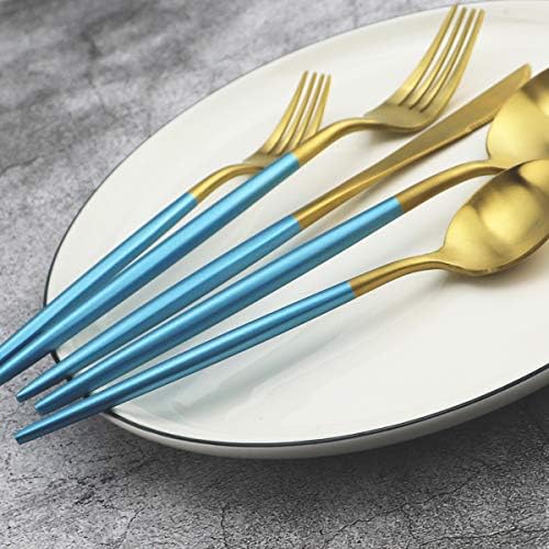 20-Piece 18/10 Stainless Steel Flatware Silverware, Luxury Dinnerware Set Travel Cutlery Tableware Include Knife Fork Spoon Service for 4, Dishwasher Safe (Blue Handle Matte Gold) - Image 5