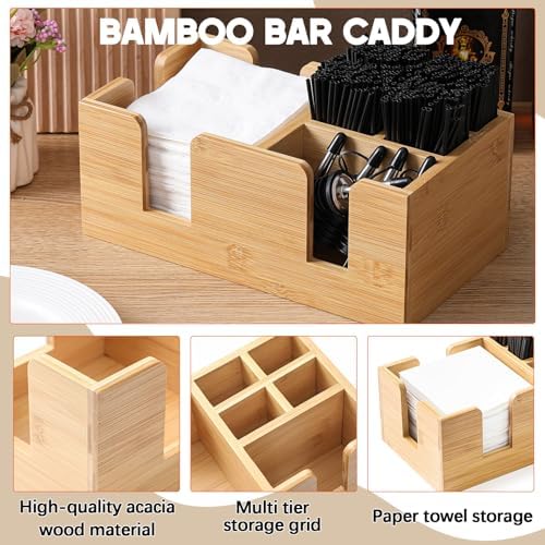 Mifoci Bamboo Bar Caddy, Wood Napkin & Straw Holder Organizer - Image 3