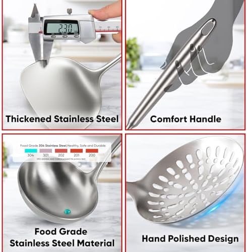 Newness 16 Pcs Cooking Utensils Set, 304 Stainless Steel Kitchen Utensils Set, Metal Kitchen Accessories, Include Soup Ladle, Slotted Skimmer Spoon, Spaghetti Spoon and Spatula, Dishwasher Safe - Image 3